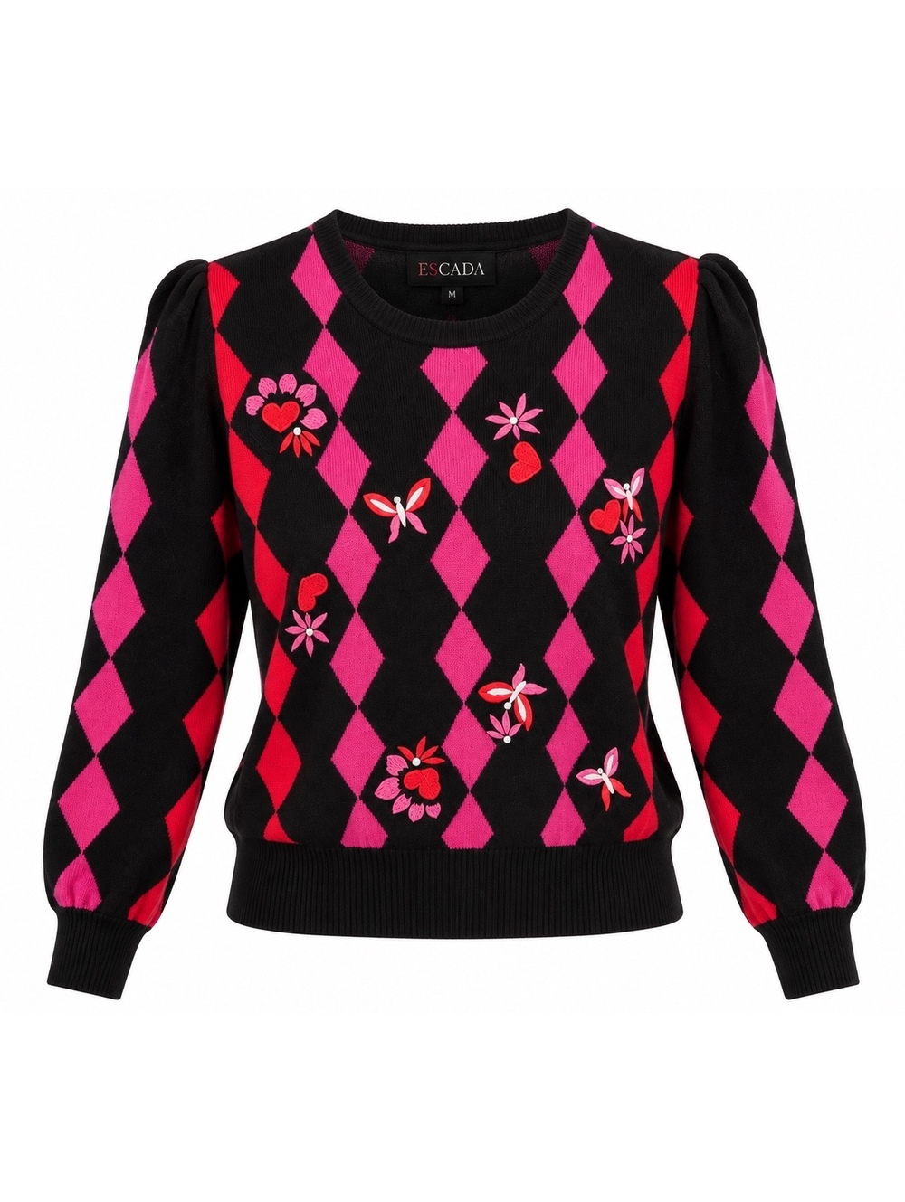 Vintage Escada Pink & Red Argyle Embellished Sweater 38